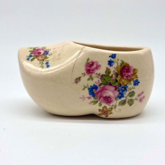 Vintage Ceramic Dutch Clog Shoe Cream Floral Transferware Small Collectible - Picture 2 of 9